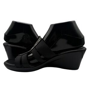 Italian Shoemakers Women 9.5 Black Elastic Strap Slip On Wedge Sandals Embellish